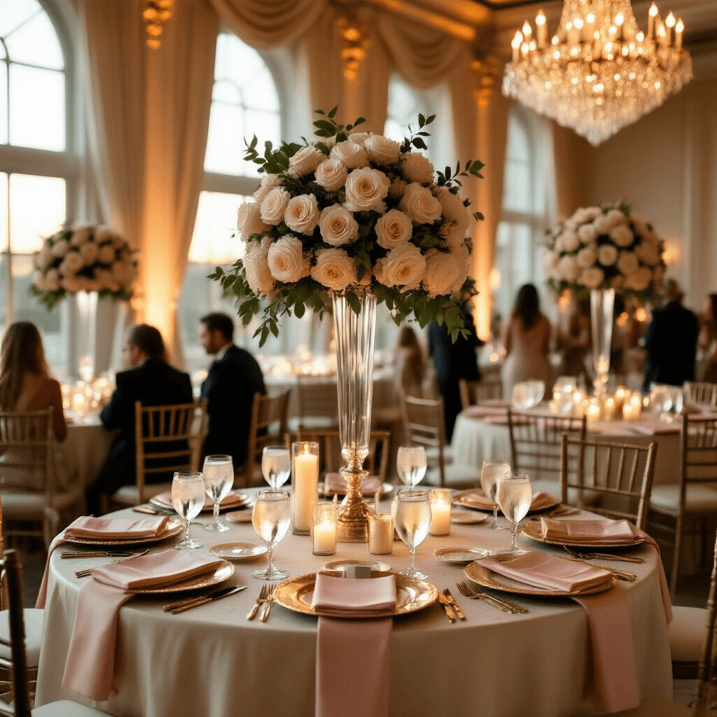 Cinematic wide-angle shot of an elegant indoor ballroom during golden hour, featuring round tables draped in ivory silk linens with blush pink napkins, towering arrangements of cream roses and eucalyptus in crystal vases, ambient candlelight from pillar candles, an ornate gift exchange station with wrapped presents, guests in formal attire mingling, sheer ivory drapery, luxury chandeliers, and a sophisticated mood with rich textures.