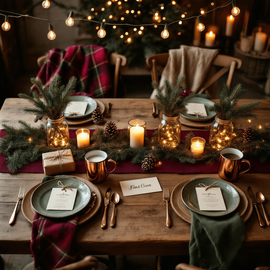 Overhead view of a cozy, intimate dining room with a rustic wooden farmhouse table set for a holiday gift exchange, featuring burgundy and forest green table runners, mason jar centerpieces, wrapped gifts, vintage ceramic plates, copper mugs with hot cocoa, and warm candlelight, creating a festive atmosphere.