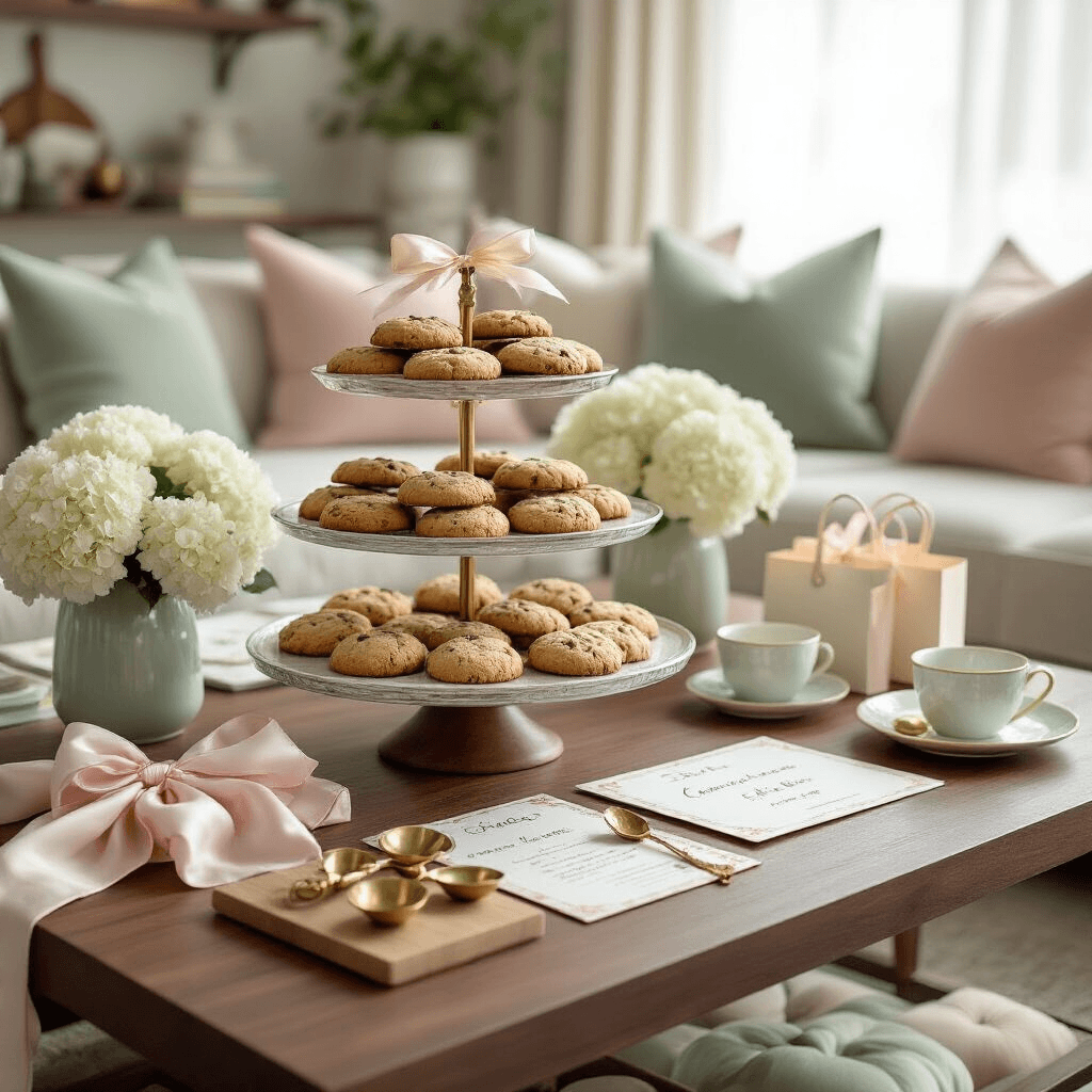 Close-up of a modern living room lit by soft morning light, featuring a styled walnut coffee table with tiered glass cake stands of homemade cookies, decorative boxes with satin ribbons, elegant calligraphy recipe cards, vintage brass measuring spoons, and fresh white hydrangeas in ceramic vessels, all in a pastel pink and sage green color palette, with silk linens and velvet cushions, natural sunlight streaming through sheer curtains, and cozy Scandinavian minimalist touches.