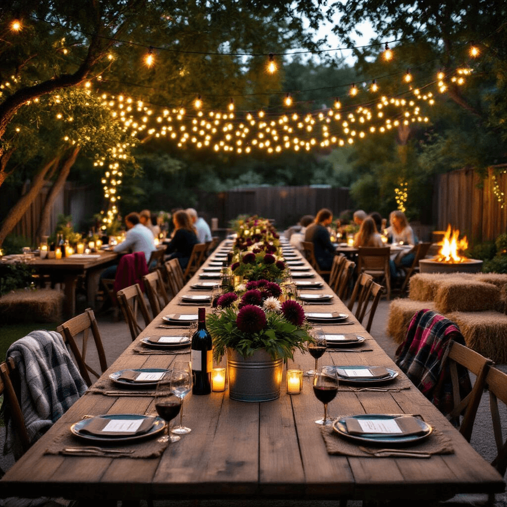 Cinematic wide shot of a stylish backyard garden at night, featuring U-shaped wooden farm tables adorned with burgundy dahlia centerpieces, string lights overhead, burlap-wrapped wine bottles on a rustic cart, and guests gathered with blankets around a cozy fire pit area, all under a magical atmosphere of ambient lighting.