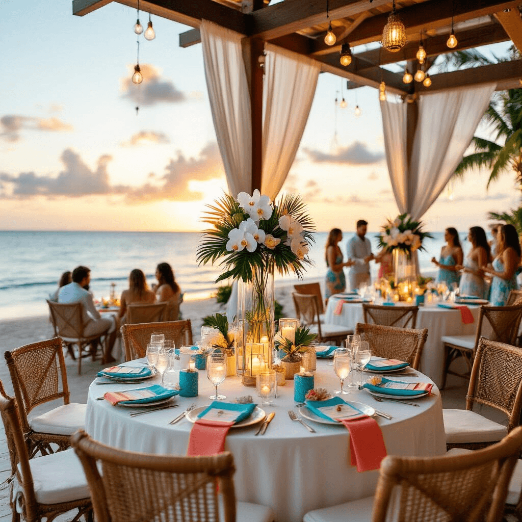 Wide-angle shot of a luxurious beachfront terrace during sunset, featuring a gift exchange party setup with round tables dressed in white linens, tropical orchid centerpieces, ocean-themed wrapped gifts on driftwood tables, coral napkins, and ambient lighting from lanterns and string lights, with guests mingling in summer attire amidst woven furniture and sheer fabric panels.