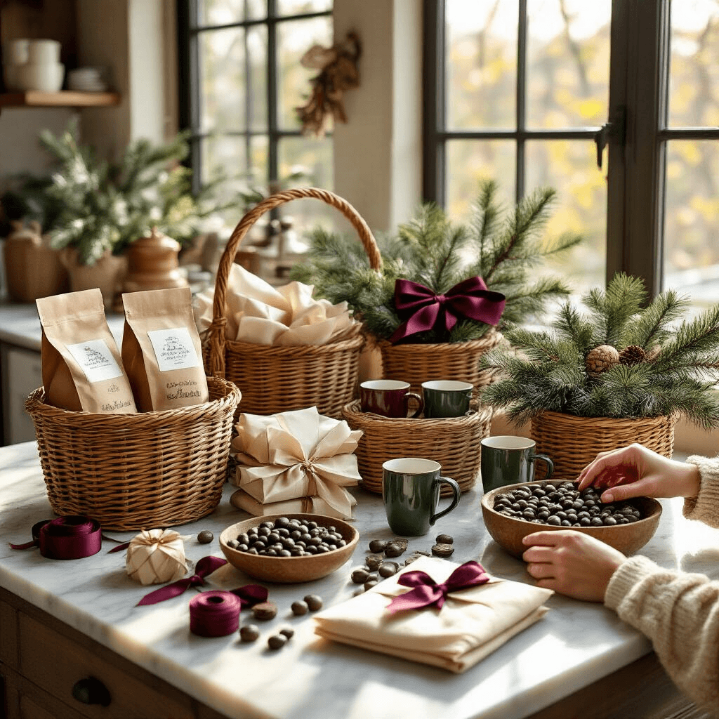 Overhead view of an elegant gift basket styling station, featuring wicker baskets filled with artisanal coffee, vintage mugs, and silk ribbons, on a marble countertop bathed in warm golden hour sunlight, with rustic wooden bowls, cinnamon sticks, and coffee beans adding to the cozy atmosphere.