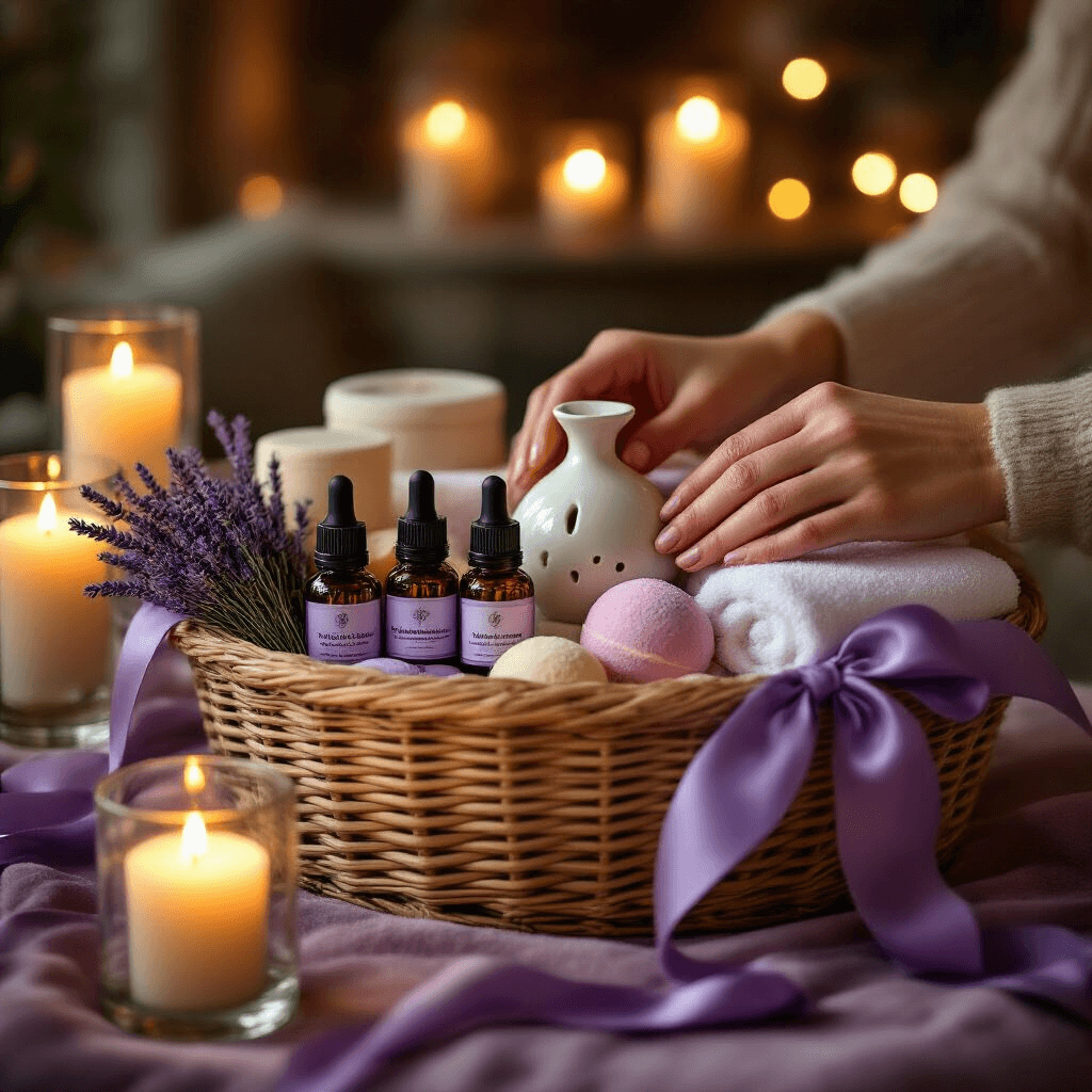 Close-up of a luxurious aromatherapy gift basket on a velvet-draped table, featuring lavender essential oil, handmade bath bombs, a ceramic diffuser, and fluffy towels, surrounded by dried lavender and sheer purple ribbon, with a warm candlelit ambiance and blurred fairy lights in the background.
