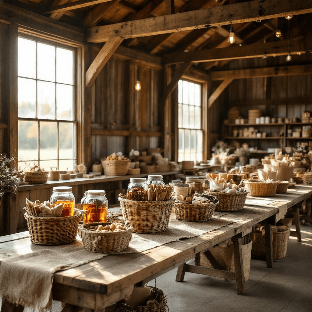 Wide-angle shot of a rustic barn interior converted into a gift basket workshop, featuring long farm tables adorned with themed basket displays, soft morning light filtering through vintage windows, and a cozy ambiance highlighted by warm terracotta, sage green, and cream tones.