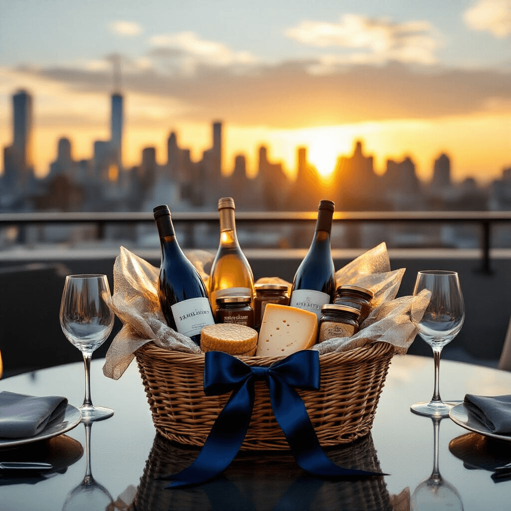 Elegant gift basket on a modern rooftop terrace at golden hour, featuring premium wine, gourmet cheese, artisanal crackers, and preserves, with shimmering cellophane and deep navy satin ribbon, surrounded by a sophisticated place setting and urban skyline.