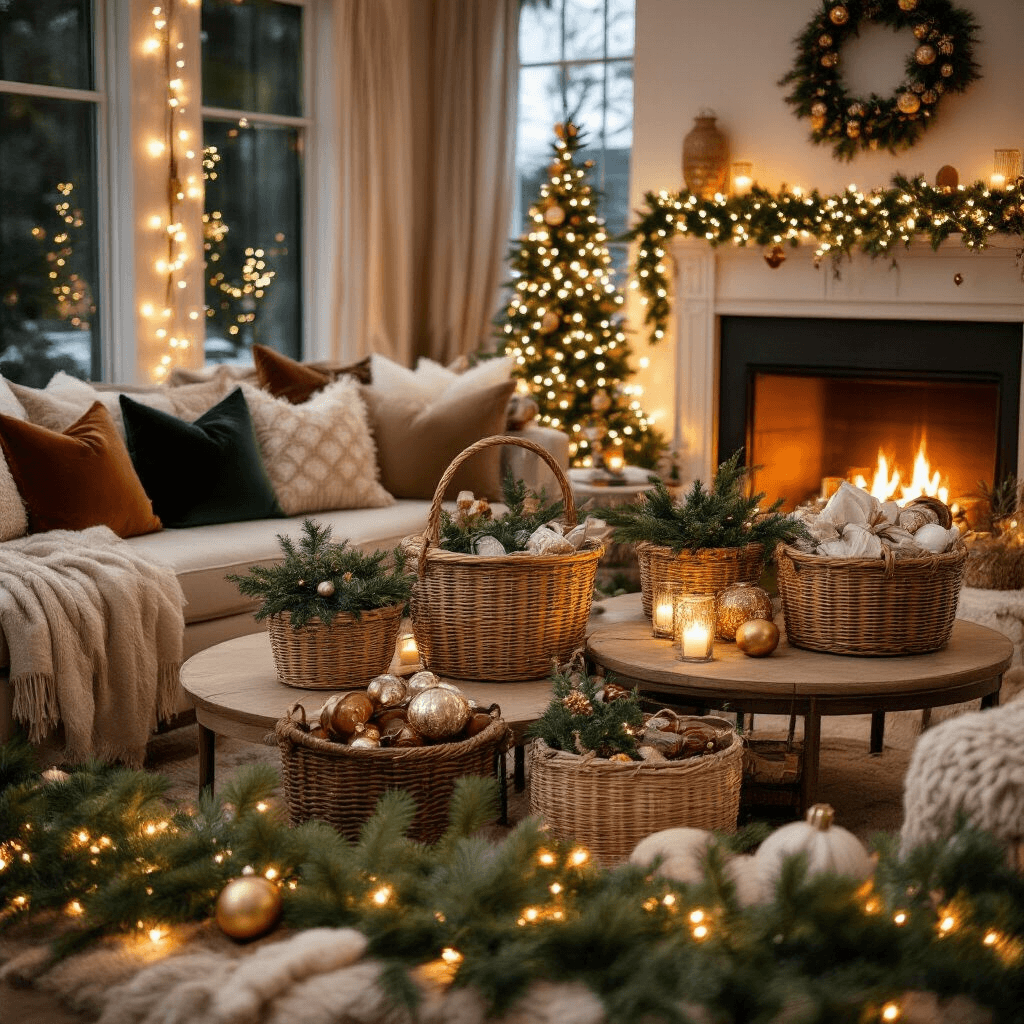 Cinematic wide shot of a festive living room adorned with themed gift baskets, string lights, and a glowing fireplace, featuring a warm color palette of deep green, copper, and cream, accented by plush textures and fresh pine garland.