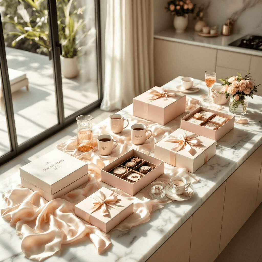 Photorealistic overhead view of an elegant gift box curation station in a sunlit modern apartment, featuring a marble kitchen island draped in cream silk fabric, with blush pink and ivory gift boxes filled with Ember mugs, journals, artisan chocolates, and coffee sachets, accented by tissue paper, silk ribbons, crystal glasses, rose petals, and handwritten notes.