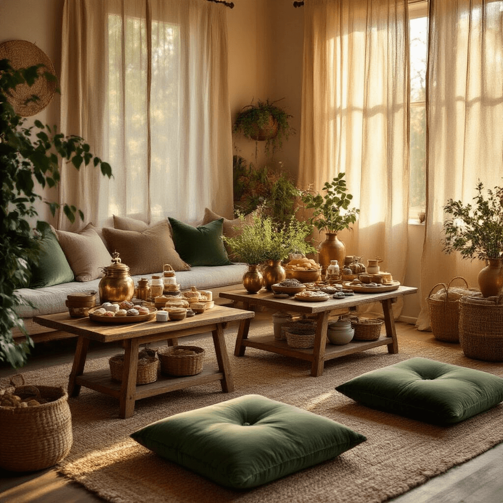 A cozy living room bathed in warm amber light features low wooden coffee tables showcasing ice cream making kits, pottery supplies, and charcuterie components. Vintage brass vessels hold fresh herbs, while terracotta and sage green accents create an earthy palette. Plush forest green velvet cushions surround the tables, with mason jars filled with artisan ingredients, ceramic bowls of colorful clays, and copper wire baskets of instruction cards, framed by trailing ivy and eucalyptus garlands. Pillar candles in glass hurricanes add a warm, intimate glow to the creative space.