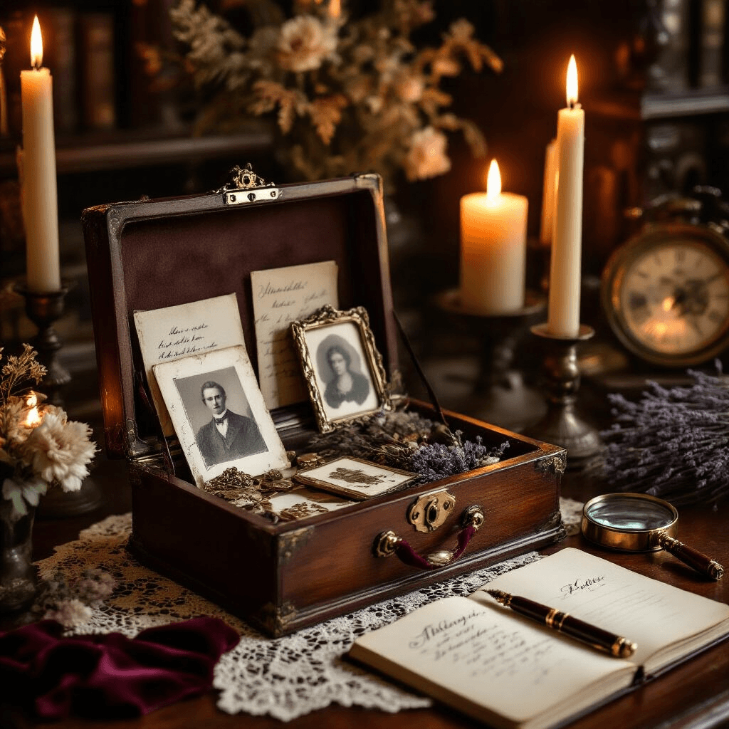 Close-up of a personalized memory box on a vintage mahogany desk, illuminated by soft amber candlelight, featuring sepia photographs, handwritten letters, engraved silver lockets, and pressed flowers, surrounded by lace doilies, a fountain pen, an open journal, an antique magnifying glass, dried lavender, and brass keys in a warm, sentimental atmosphere.