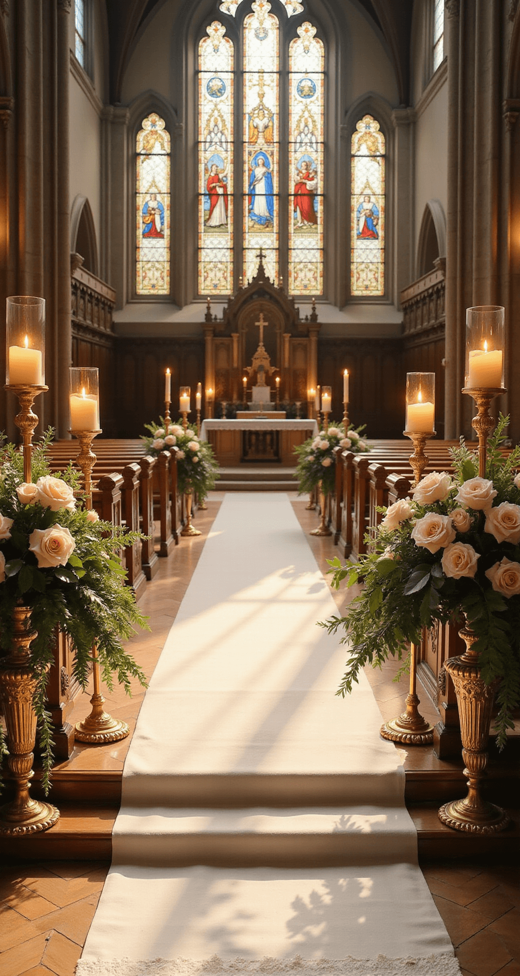 Wide-angle shot of an elegant church altar adorned for a wedding, featuring blush roses and eucalyptus in gold stands, soft light from stained glass casting colorful reflections, tall ivory candles in glass holders, intricate lace and pearl details, and ornate stone arches in the background, all bathed in warm golden hour sunlight.