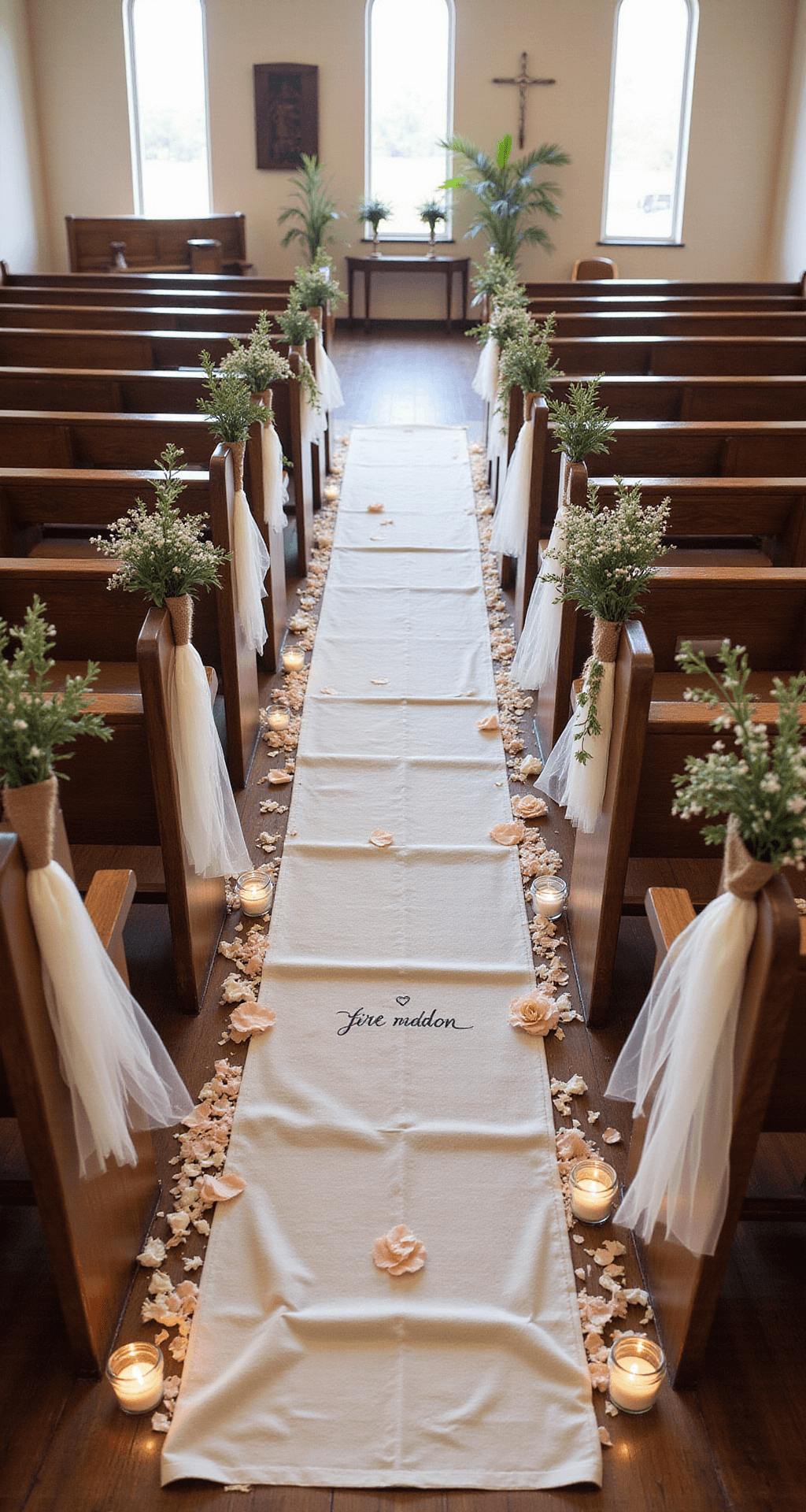 Overhead view of a rustic church aisle decorated with wooden pews adorned with baby's breath and sage greenery, tied with burlap and cream lace ribbons, ivory tulle swags between pews, scattered rose petals on a linen runner, mason jar votives with LED candles on vintage wooden stands, illuminated by natural morning light filtering through windows, showcasing earthy tones.