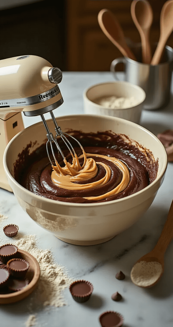 A warm kitchen scene featuring a large ceramic bowl filled with chocolate cake batter infused with creamy peanut butter, an electric hand mixer beside the bowl, scattered mini Reese's cups on a marble countertop, a dusting of flour, and rustic wooden utensils creating a cozy domestic atmosphere with steam rising from the ingredients.