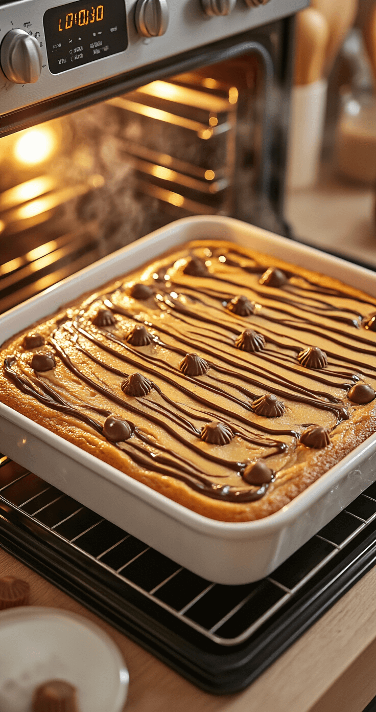 Cinematic view of an open oven door revealing a golden-brown swirled peanut butter cup cake in a rectangular baking dish, topped with Reese's cups and marbled chocolate syrup, illuminated by warm amber light, with a glowing kitchen timer and softly blurred baking supplies in the background.