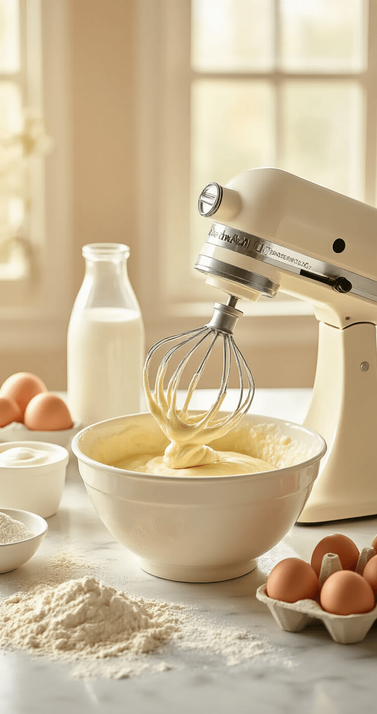A warm kitchen scene features a large mixing bowl filled with pale vanilla batter, an electric mixer with butter-coated beaters nearby, and scattered flour on a marble countertop, with ingredients like eggs, milk, and sour cream artfully arranged, creating an inviting baking atmosphere.