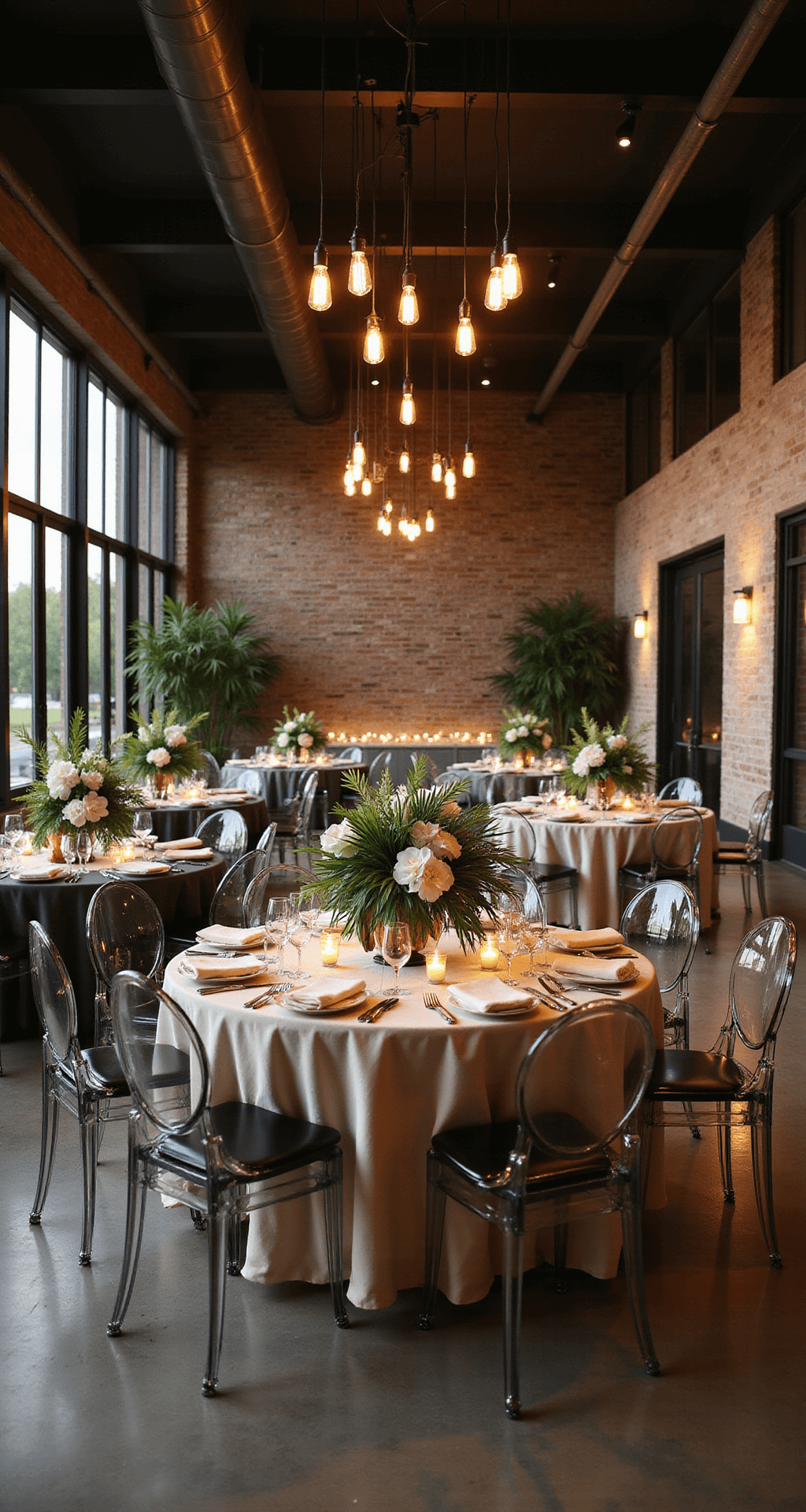 Wide-angle view of a modern wedding reception in a high-ceiling ballroom featuring ghost chairs, round tables with cream silk linens, and geometric centerpieces of emerald palm fronds and white orchids, illuminated by warm Edison bulbs and uplighting on exposed brick walls.