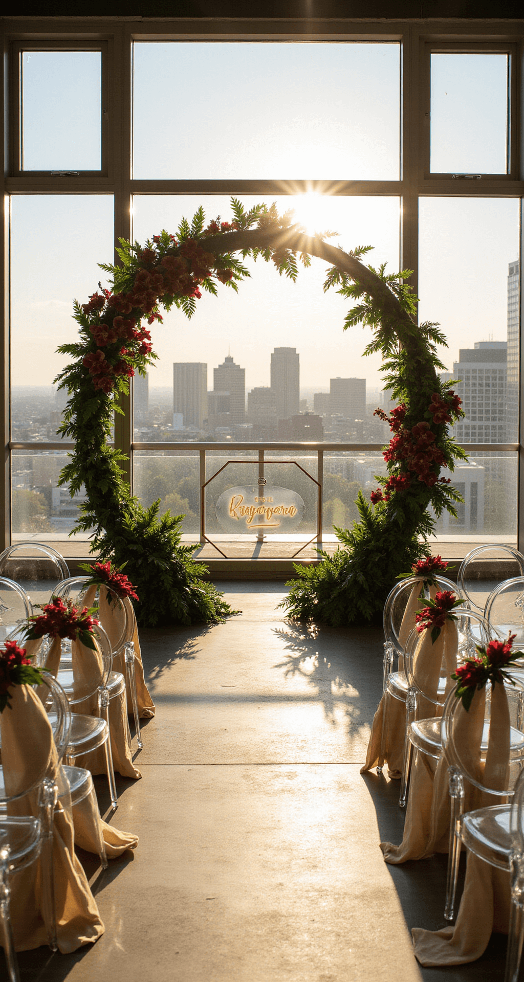 Cinematic overhead view of a modern rooftop ceremony setup featuring a circular arch of tropical leaves and burgundy orchids, ghost chairs arranged asymmetrically, and frosted geometric signage, all bathed in soft golden hour light.