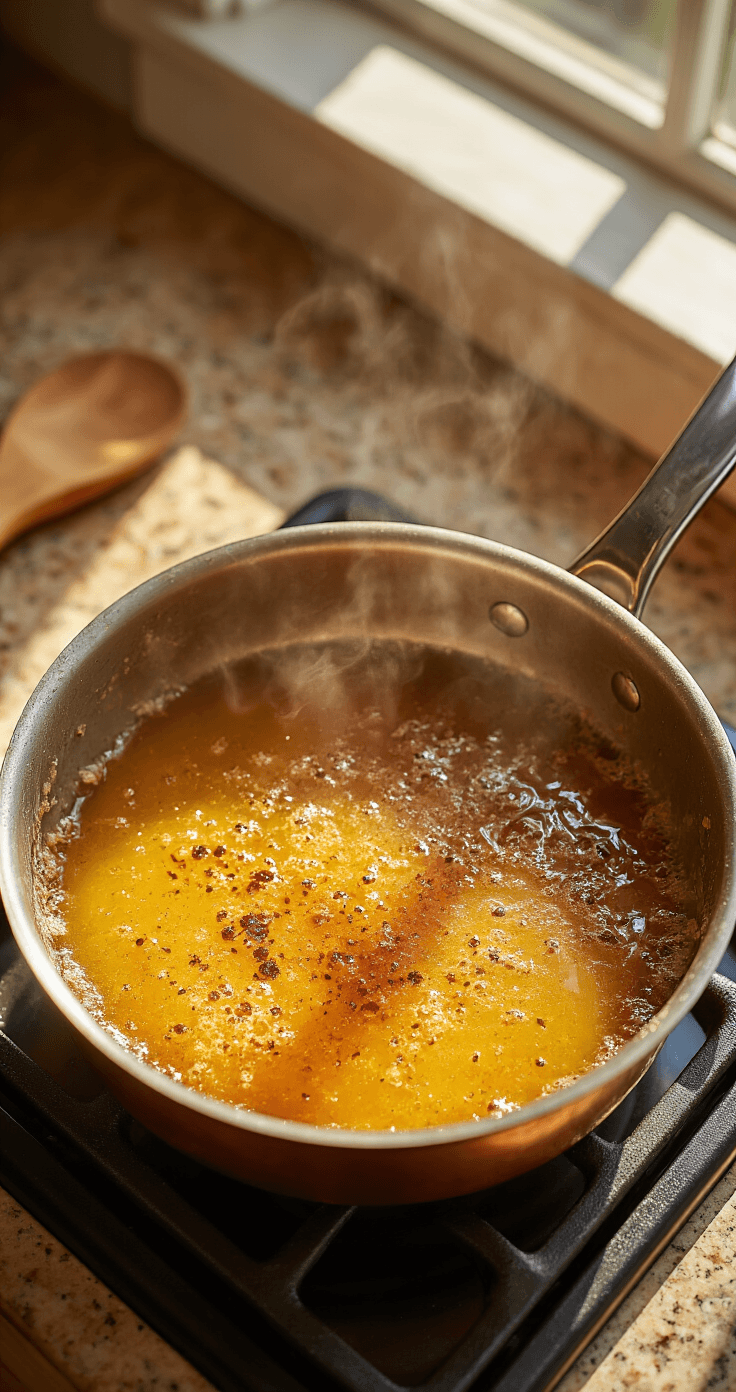 Cinematic overhead shot of a copper saucepan with bubbling golden amber browned butter, steam rising, and a wooden spoon beside it on a granite counter, set in a warm, rustic farmhouse kitchen with honey tones and creamy whites.