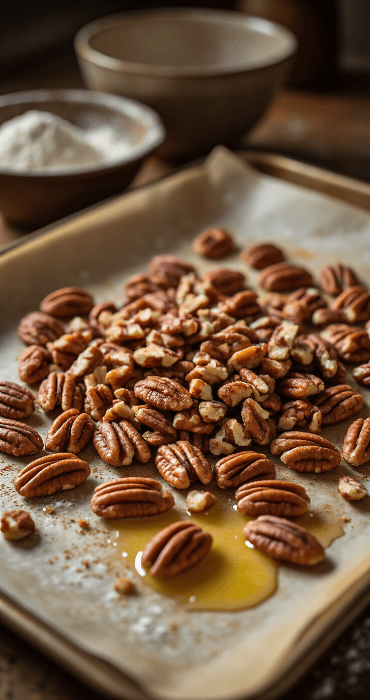 Close-up of cinnamon-dusted chopped pecans scattered on a parchment-lined baking sheet, glistening with melted butter, with warm oven light illuminating their golden-brown surfaces against a cozy kitchen backdrop.
