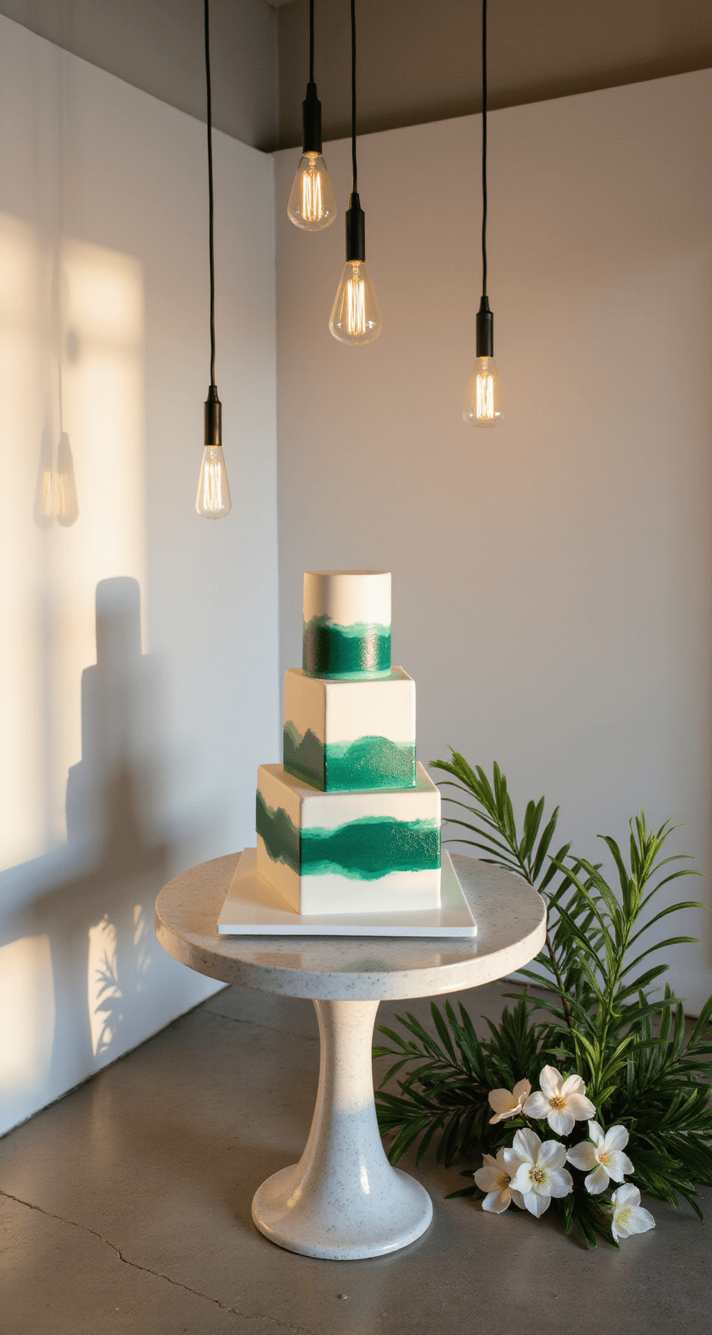 A modern three-tier square wedding cake with deep emerald green brushstroke detailing on white fondant, displayed on a marble stand in a minimalist venue corner adorned with suspended LED light curtains and contemporary floral arrangements.
