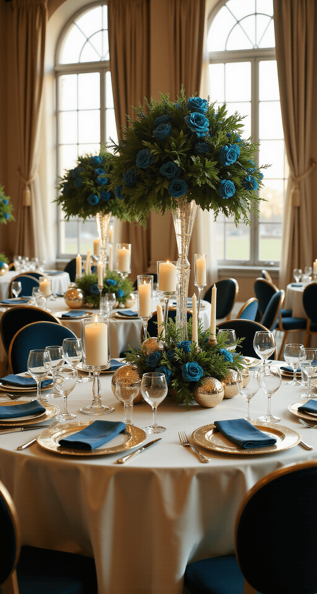 Cinematic wide-angle shot of an elegant indoor ballroom during golden hour, featuring round tables with mini disco balls, tall ivory candles, and jewel-tone florals, all illuminated by soft sunlight streaming through tall windows, with reflections dancing across white marble floors.