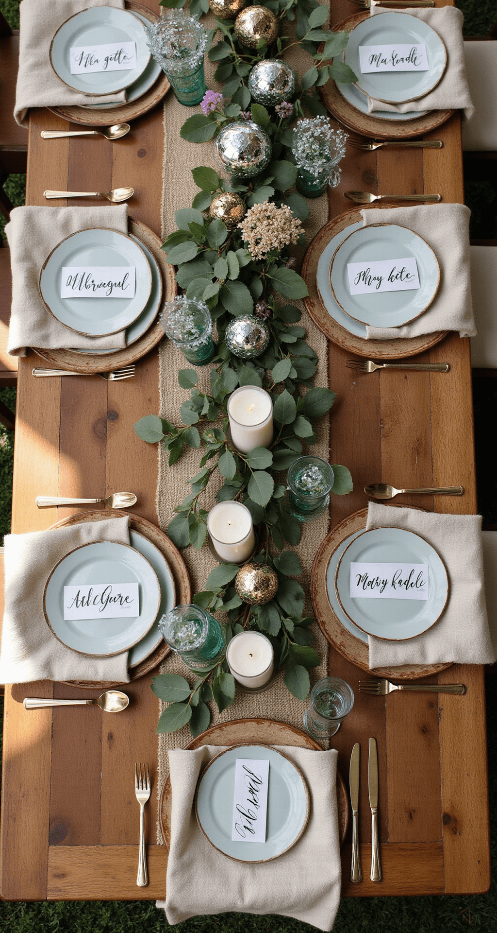 Overhead view of a rustic wooden farm table set for a bohemian-style brunch, featuring disco balls as place card holders, ceramic plates, vintage brass cutlery, mason jar glasses with wildflowers, hand-lettered place cards, and a garland of eucalyptus, all illuminated by soft morning light.