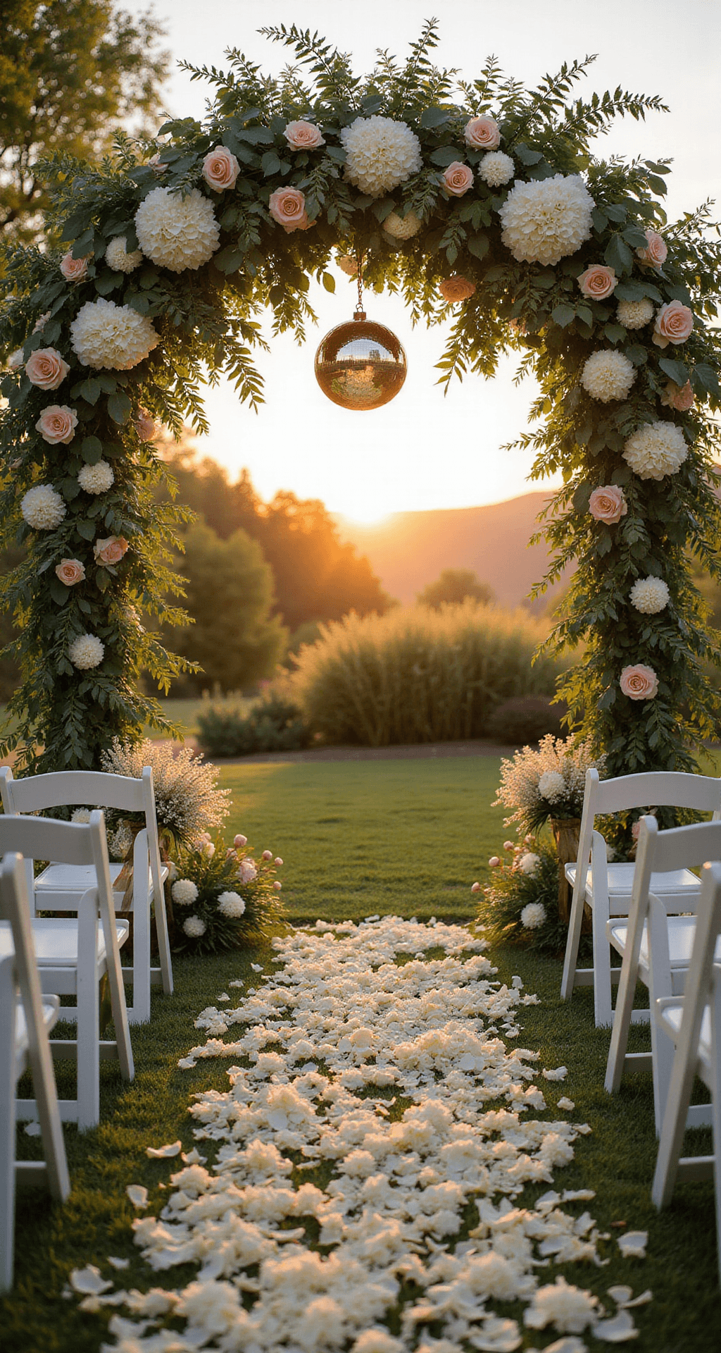 Dramatic low-angle view of a garden ceremony arch adorned with a stunning floral installation and integrated disco balls, capturing warm golden hour light and casting rainbow patterns across a petal-strewn aisle lined with white chairs.