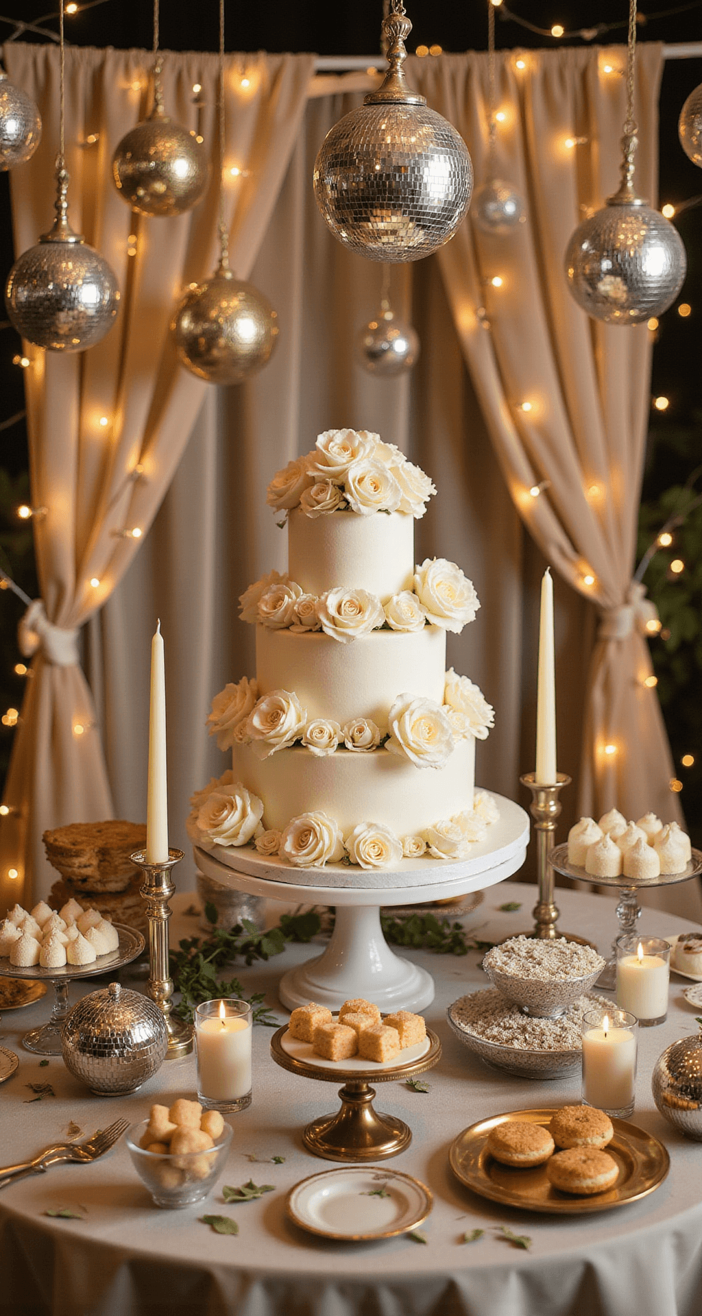 Cinematic close-up of an elaborate dessert table featuring a five-tier white buttercream wedding cake on a marble pedestal, surrounded by disco balls, ivory candles, and cascading white roses, all set against a backdrop of champagne drapery and warm string lights.