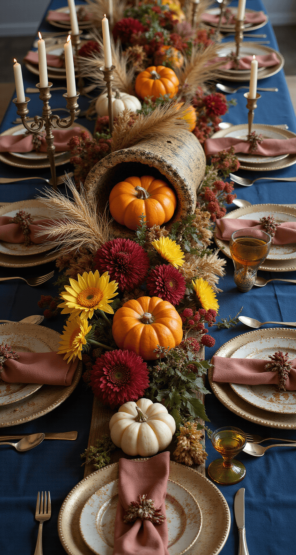 Fall Wedding Table Decor: Create Stunning Autumn Tablescapes That'll Make Your Guests Speechless Close-up detail of a harvest abundance centerpiece on a jewel-toned navy silk tablecloth, featuring a cornucopia arrangement of wheat, dried grasses, pumpkins, gourds, deep burgundy and golden yellow flowers, antique brass candelabras with candles, and autumn-themed napkins, all showcasing rich textures and warm lighting.