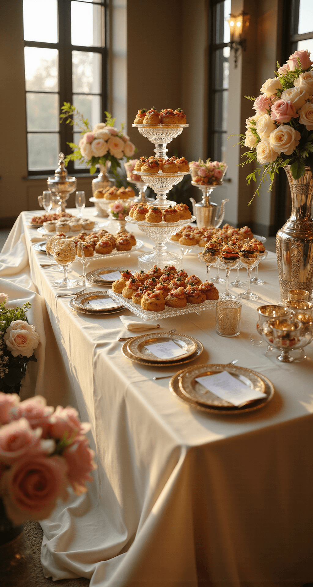Elegant indoor ballroom wedding buffet featuring a 12-foot ivory silk-draped table adorned with tiered crystal cake stands, glass pedestals, and luxurious food displays, illuminated by soft golden hour sunlight streaming through tall windows, with floral arrangements of blush pink peonies and cream roses.