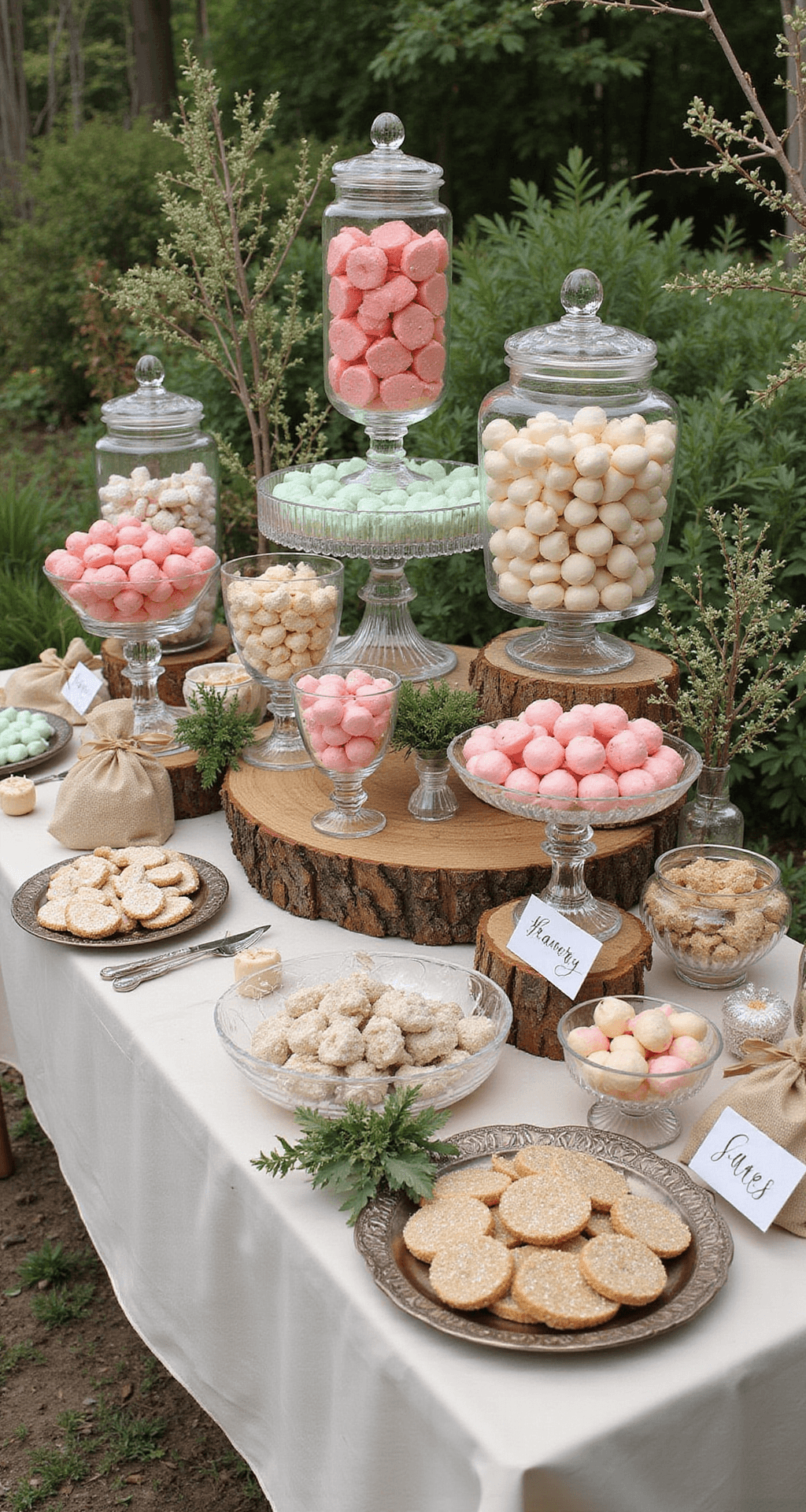 Overhead view of a whimsical garden wedding candy buffet featuring coral, cream, and mint green colors in clear glass vessels, with tiered crystal stands displaying an array of coordinated sweets, vintage apothecary jars, flowing linen on rustic farm tables, fresh greenery, calligraphy signs, burlap favor bags, and glowing fairy lights.