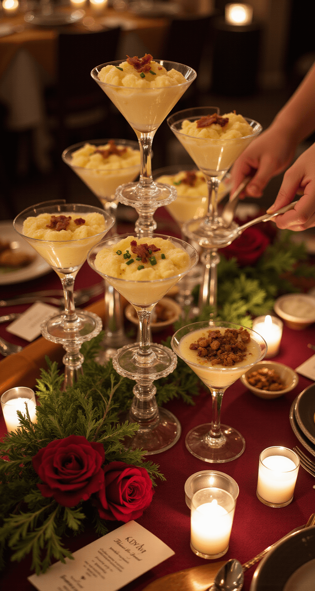 Close-up of a mashed potato bar centerpiece with tall martini glasses filled with creamy mashed potatoes on crystal stands, surrounded by small bowls of gourmet toppings, illuminated by candlelight against burgundy and gold linens, framed by low floral arrangements, with guests interacting in an elegant setting.