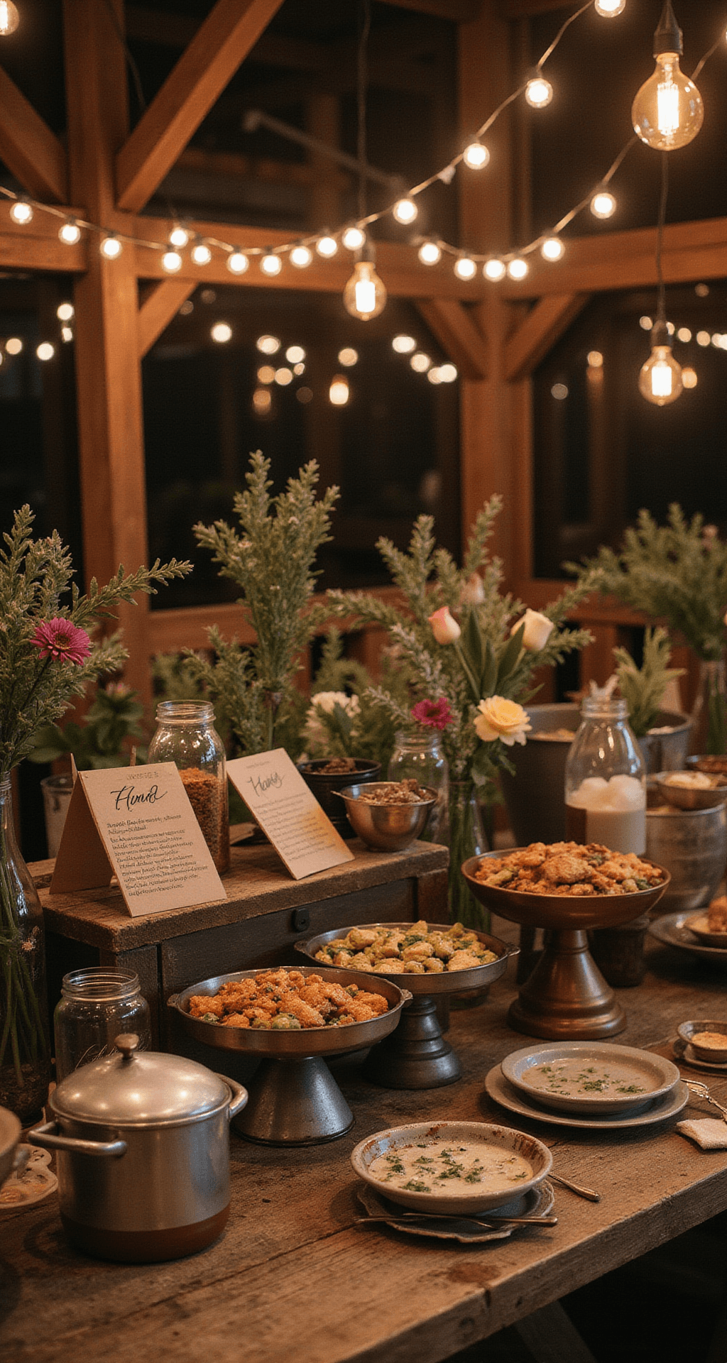 Moody detail shot of a rustic barn wedding buffet featuring family recipe dishes with personalized signage, surrounded by vintage serving pieces, warm string lights, and wildflower arrangements, creating an intimate and cozy atmosphere.
