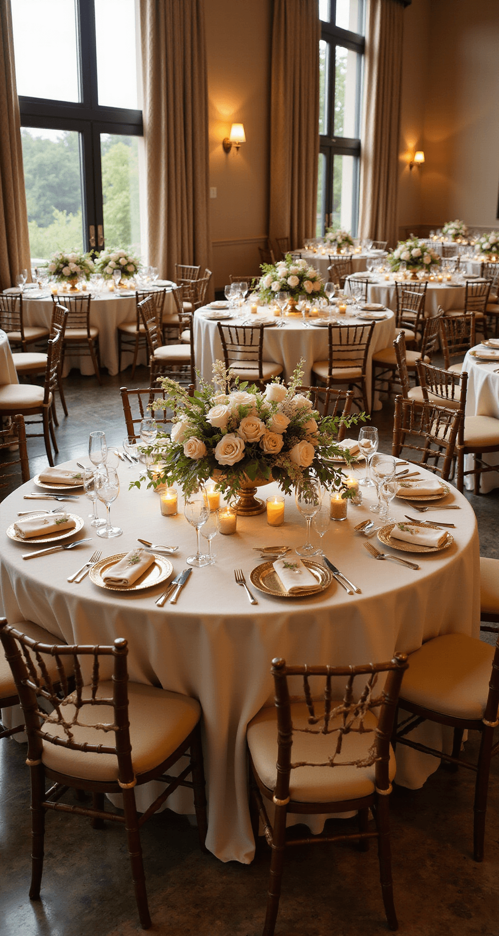 Overhead view of an elegant ballroom wedding reception with round tables adorned with lush floral centerpieces, warm amber taper candles, silk ivory linens, gold-rimmed charger plates, and crystal stemware, all bathed in golden hour lighting.