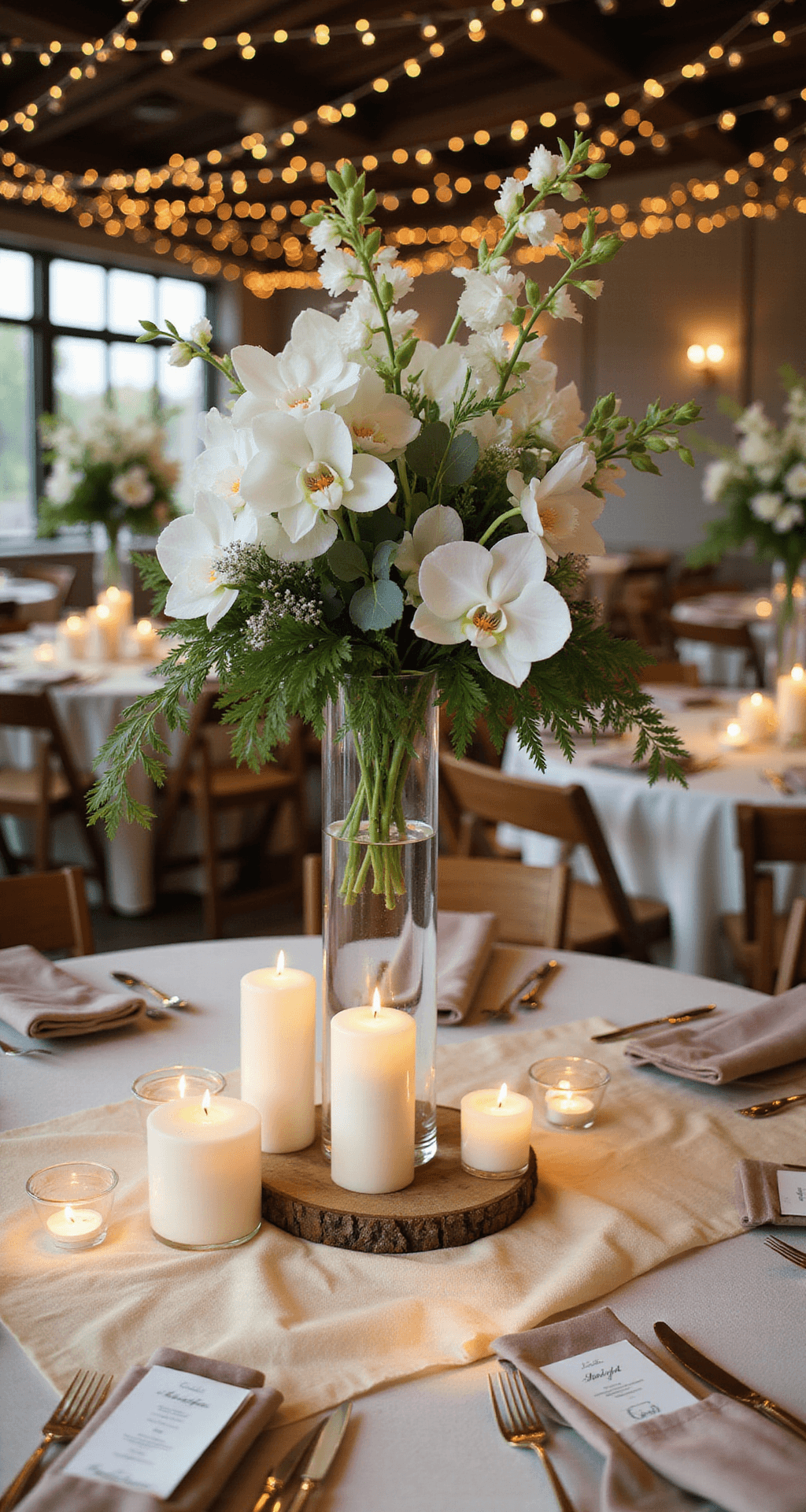 Close-up of an elegant wedding centerpiece featuring a tall clear glass vase with cascading white orchids and eucalyptus, surrounded by clustered ivory pillar candles on a cream silk table runner, set in a modern indoor venue with soft evening lighting and fairy lights in the background.