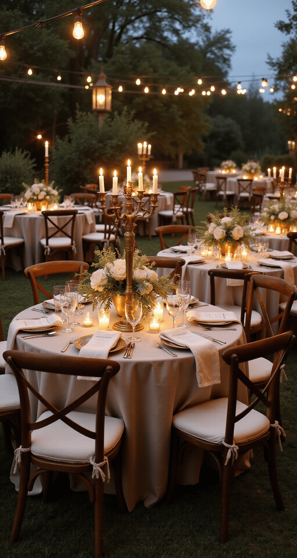 Wide-angle view of a dusky garden wedding reception featuring round tables with vintage brass candelabra centerpieces, adorned with white garden roses and olive branches in mercury glass vases. Soft candlelight casts shadows on champagne-toned linen tablecloths, surrounded by rustic wooden chairs and illuminated by string lights and hanging lanterns, creating a magical atmosphere. Terracotta and sage accents complete the elegant place settings.