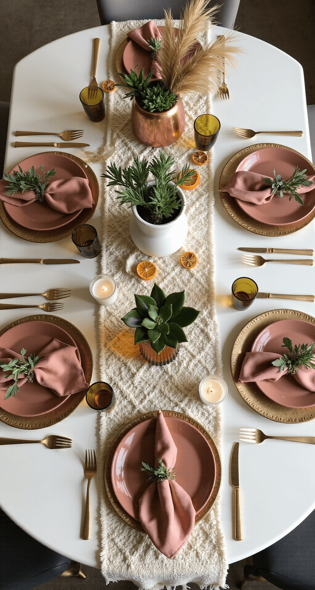 Flat lay of a boho-chic round dining table adorned with an 8-inch copper vessel of succulents and dusty miller, a 15-inch white ceramic vase with pampas grass and dried palm fronds, and a 22-inch amber glass cylinder with protea and eucalyptus. Features include cream macrame table runners, brass geometric charger plates, velvet blush napkins, scattered votive candles, dried orange slices, and brass geometric place card holders, all bathed in soft morning light.
