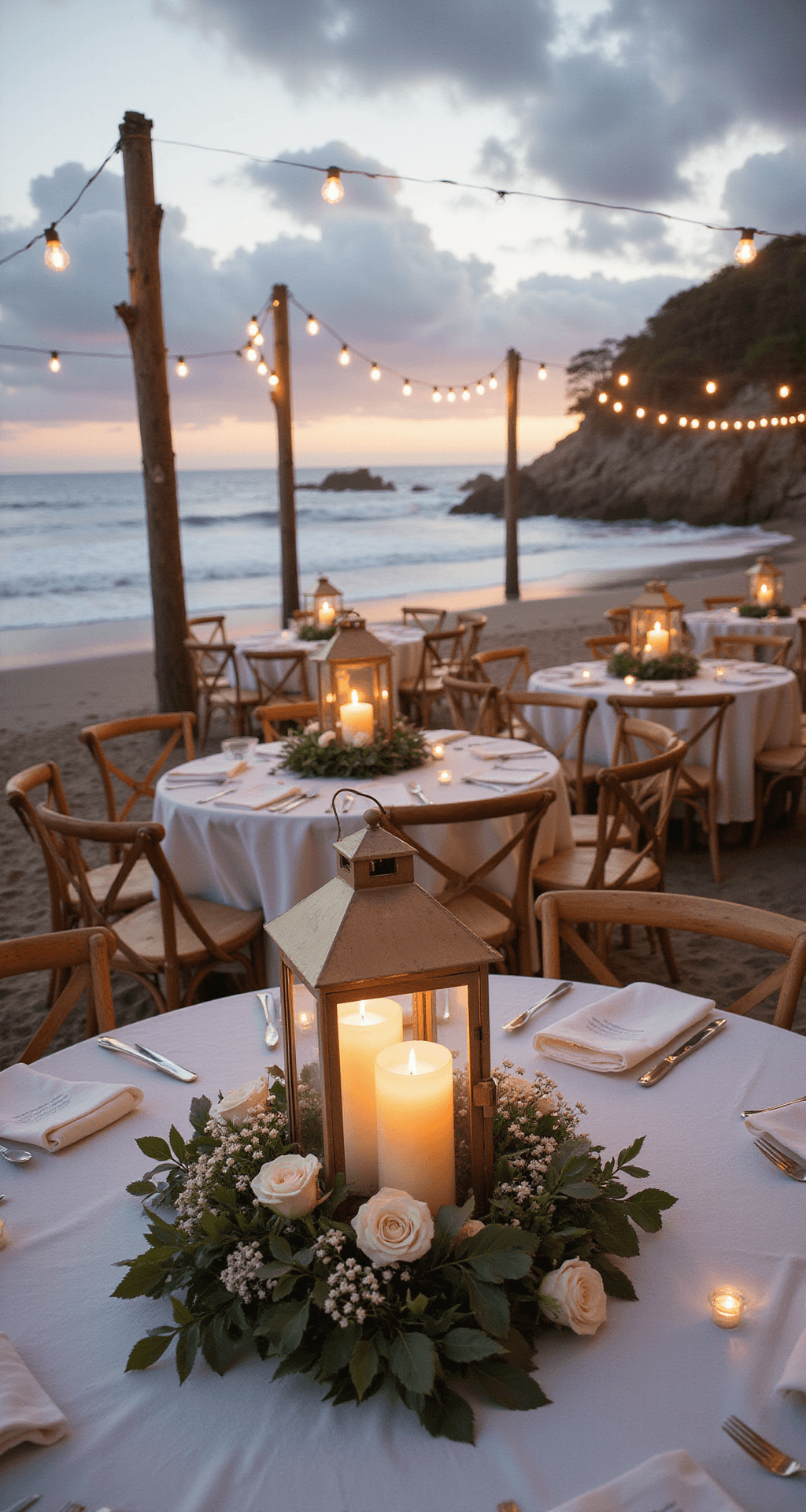 Cinematic wide shot of an outdoor beachfront wedding reception at golden hour, featuring round tables adorned with organic wreath centerpieces of eucalyptus, olive branches, white roses, and baby's breath, with glowing hurricane lanterns. Sheer white linens sway in the breeze, paired with wooden cross-back chairs and driftwood chargers, set against rolling waves and a vibrant sunset sky. Market lights strung overhead create a warm ambiance in a coral and cream color palette with seashell accents.