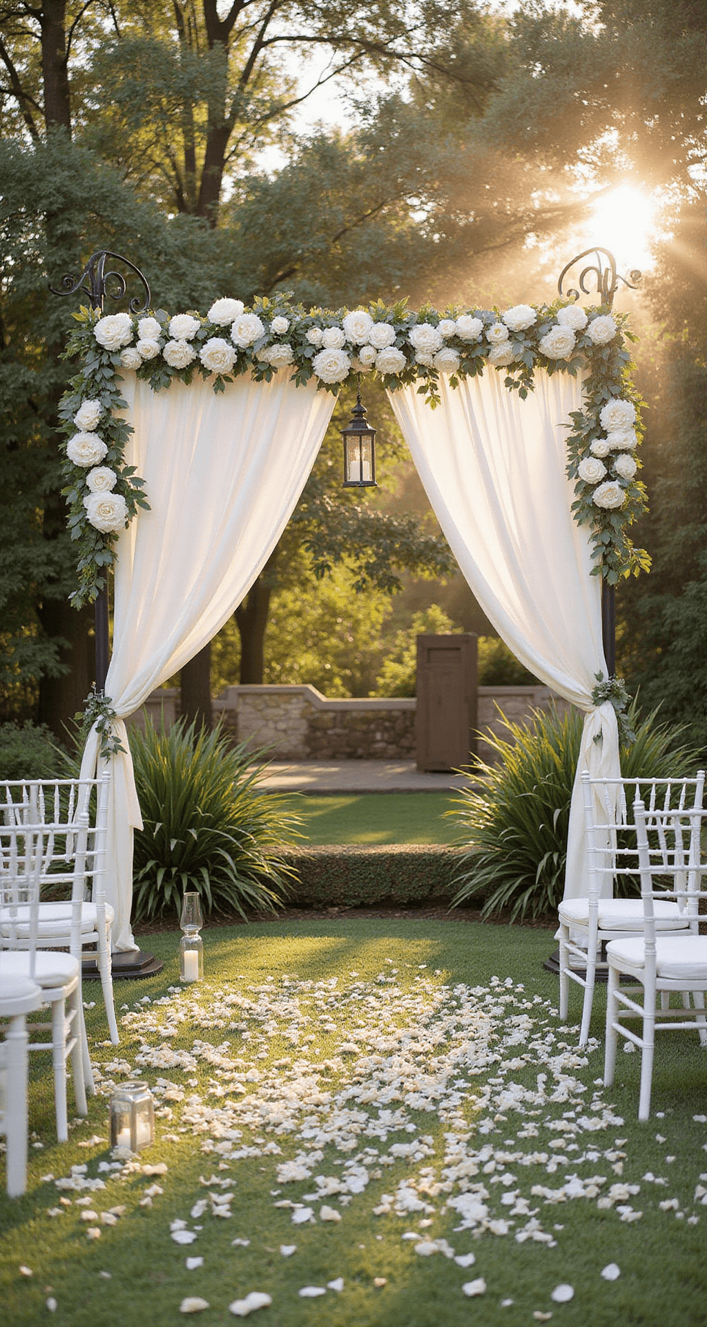 A romantic outdoor wedding ceremony at golden hour featuring a floral arch with white peonies and eucalyptus, draped ivory fabric, chiavari chairs, and lanterns lining a petal-strewn aisle, all bathed in soft dappled sunlight.