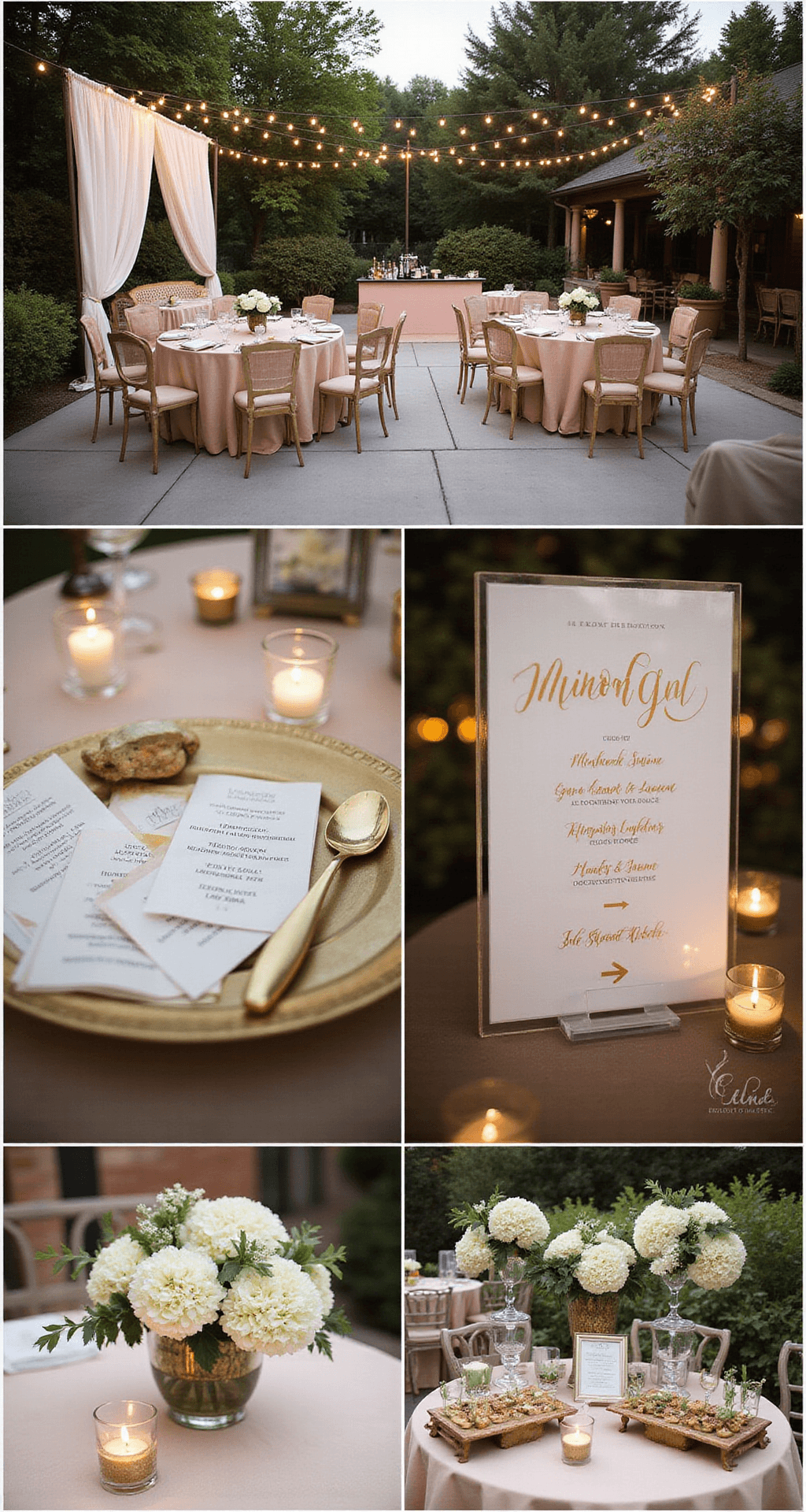 An elegant cocktail hour setup on a garden terrace, featuring blush pink-draped tables with gold-rimmed glassware and white hydrangea centerpieces, illuminated by warm market string lights and ivory fabric drapes, with a sophisticated bar backdrop and directional signage in gold calligraphy. Close-up details include personalized cocktail napkins, a memory table with vintage frames and votive candles, and appetizer menu cards on acrylic stands, set against a terracotta and sage color scheme with comfortable lounge furniture and lawn games in the background.