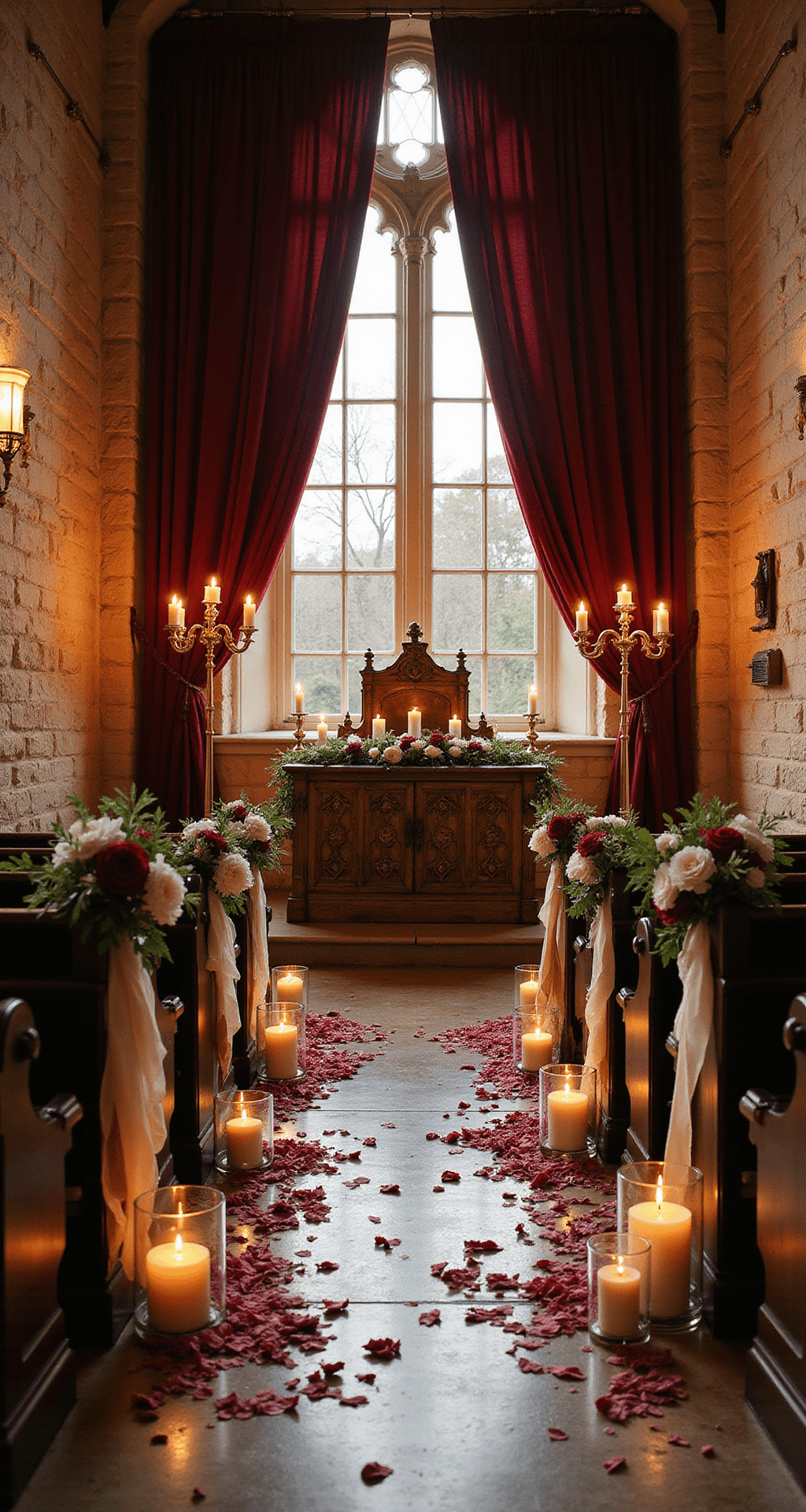 Planning Your Moody Romantic Wedding: A Complete Guide to Dark, Dramatic Elegance A photorealistic wide-angle shot of an intimate indoor ceremony in a historic stone church during golden hour, featuring rich burgundy velvet draping, ornate altar with brass candelabras, glass lanterns lining the aisle, and floral arrangements of burgundy dahlias and white anemones, all illuminated by warm candlelight and soft uplighting.