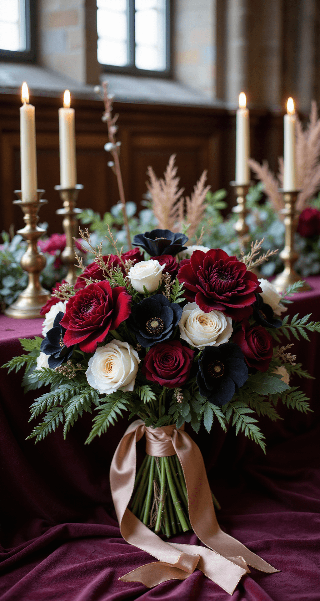 Planning Your Moody Romantic Wedding: A Complete Guide to Dark, Dramatic Elegance A close-up of a dramatic bridal bouquet featuring deep burgundy dahlias, crimson roses, black calla lilies, and white anemones, intertwined with eucalyptus and ivy, photographed in soft morning light against rich burgundy velvet fabric, with antique brass candlesticks and flickering candles in the background.