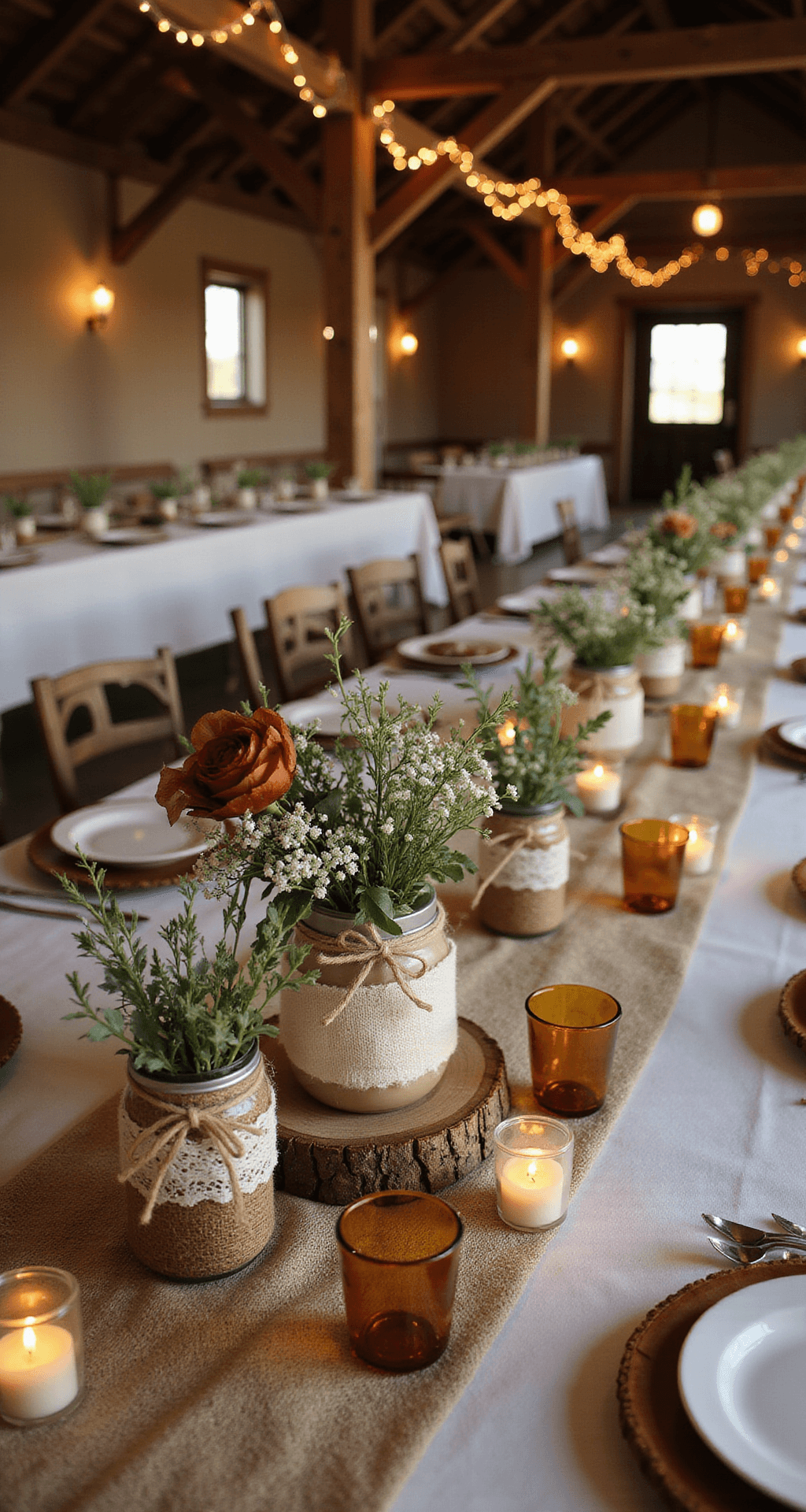 Intimate barn wedding reception at golden hour, featuring long wooden tables with burlap runners, mason jar vases with wildflowers, vintage amber glassware, and soft candlelight, all under fairy lights and exposed wooden beams.