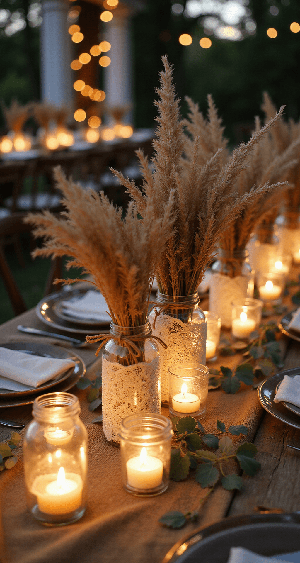 Close-up of mason jar centerpieces with candlelight in a rustic garden, featuring lace and burlap textures, glass vases with wildflowers wrapped in lace, and vintage birdcages with candles, creating a warm and intimate ambiance.
