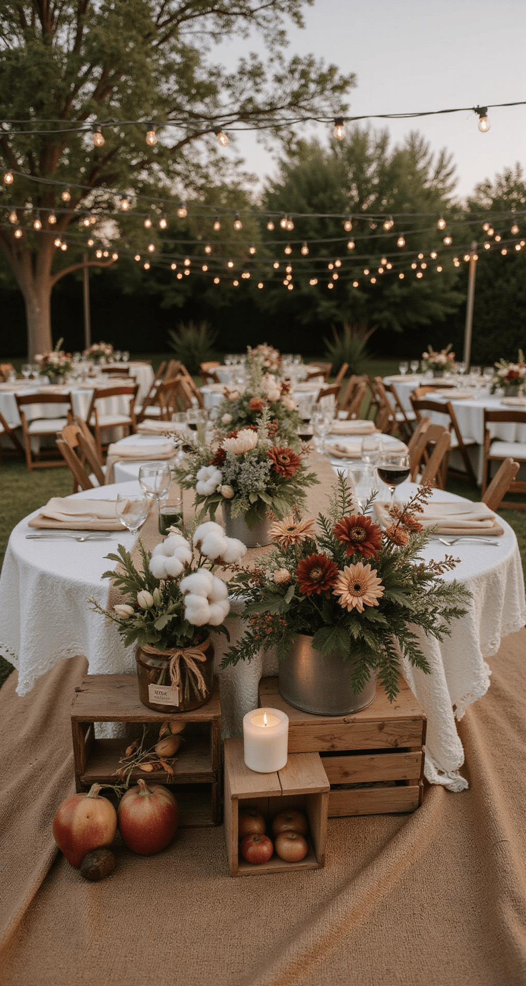 Wide-angle view of a cozy backyard wedding reception at sunset, featuring rustic wooden tables with cream and ivory burlap and lace runners, mismatched vintage containers with seasonal botanicals, overhead string lights, and intimate pillar candles, all creating a fairy-tale ambiance.