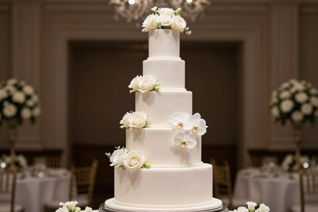 All-white wedding cake with white real flowers
