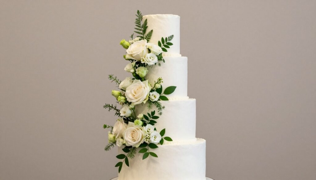 Asymmetrical wedding cake with flowers on one side