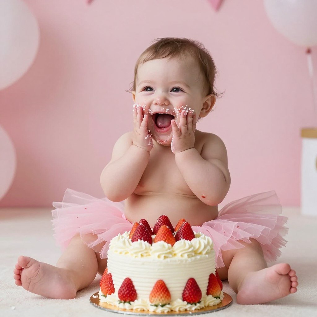 Baby having cake smash photo session with berry themed cake