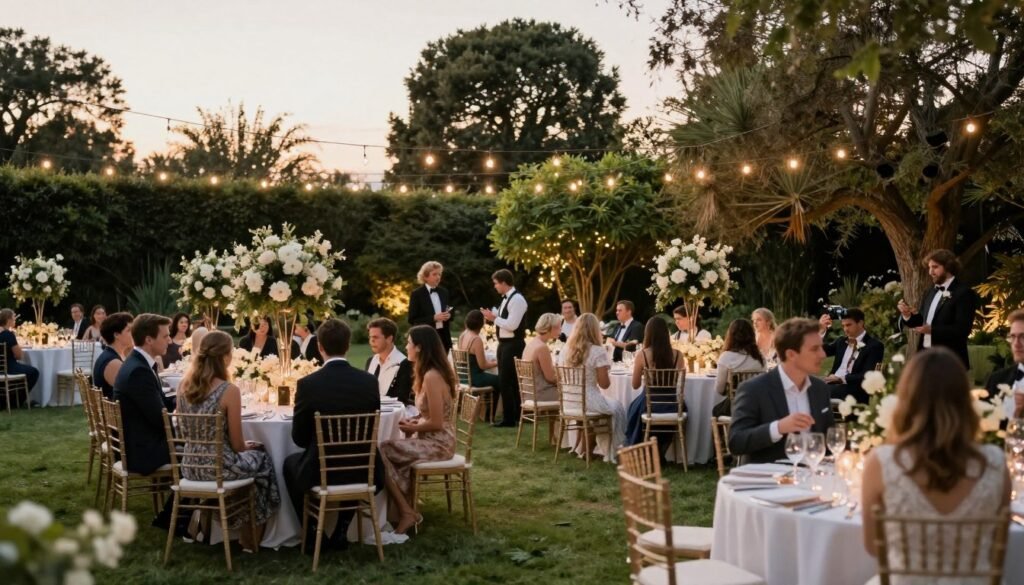 Beautiful luxury garden wedding celebration at sunset