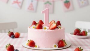 Berry First Birthday Cake Ideas Berry First Birthday Cake Ideas with strawberries and pink frosting