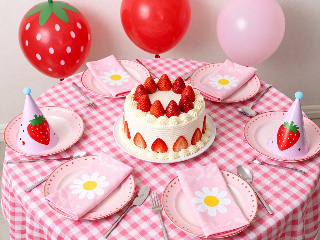 Berry first birthday party setup with decorations and cake